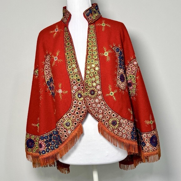 Vintage Red Embroidered Felted Wool Cape Poncho Mirror Work One Size Boho 1970s
